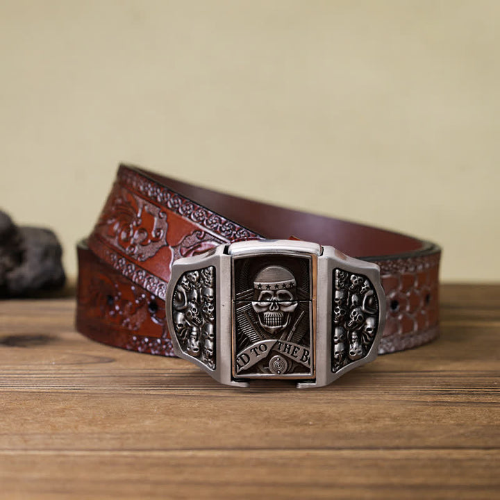 Cinturón de cuero con forma de calavera para hombre con encendedor oculto
