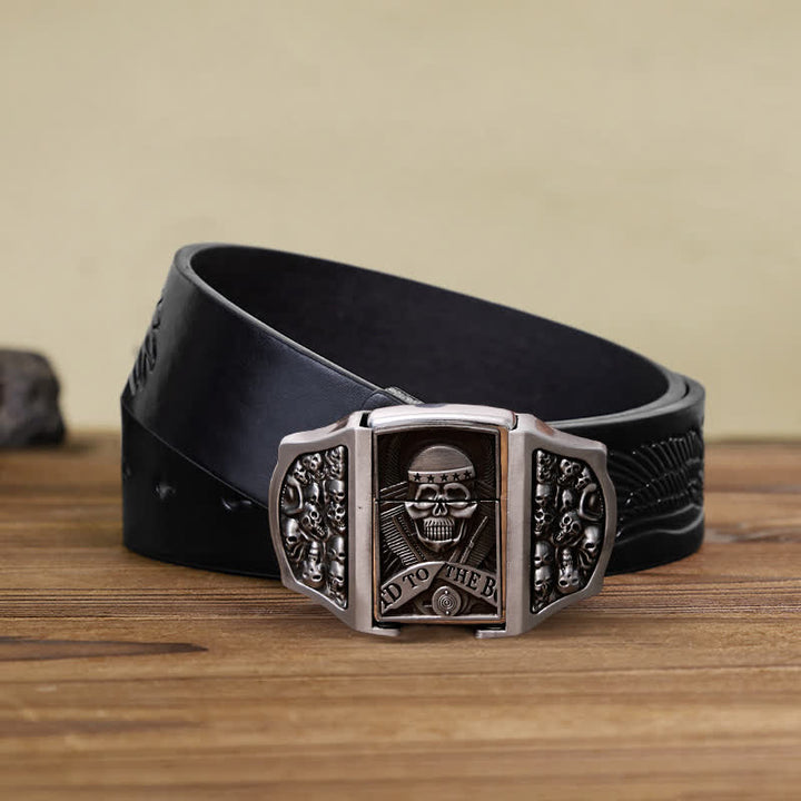 Cinturón de cuero con forma de calavera para hombre con encendedor oculto