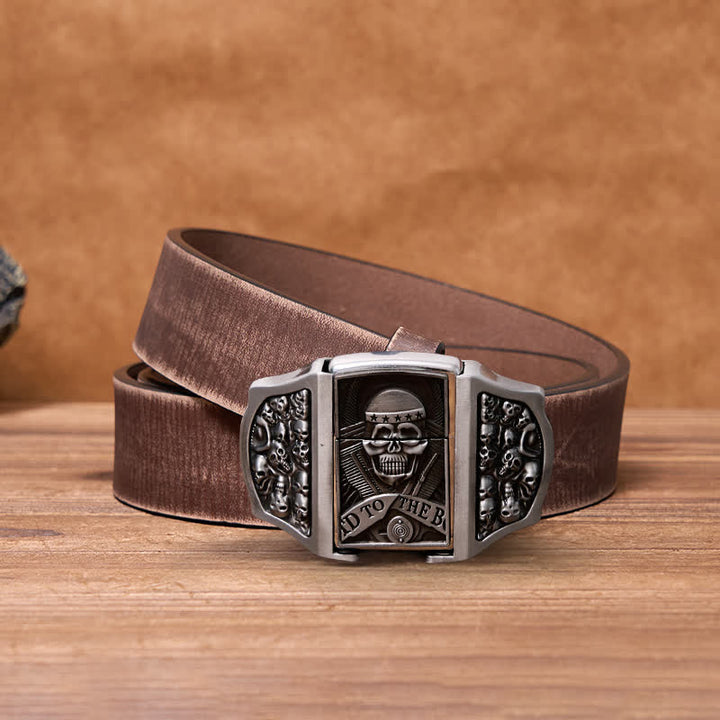 Cinturón de cuero con forma de calavera para hombre con encendedor oculto
