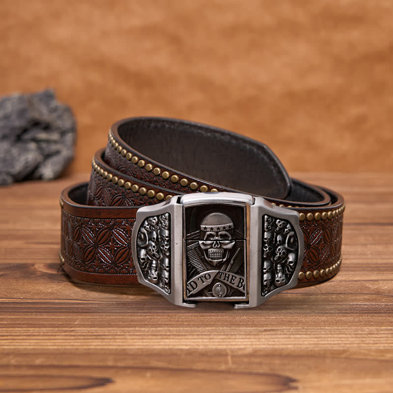 Cinturón de cuero con forma de calavera para hombre con encendedor oculto