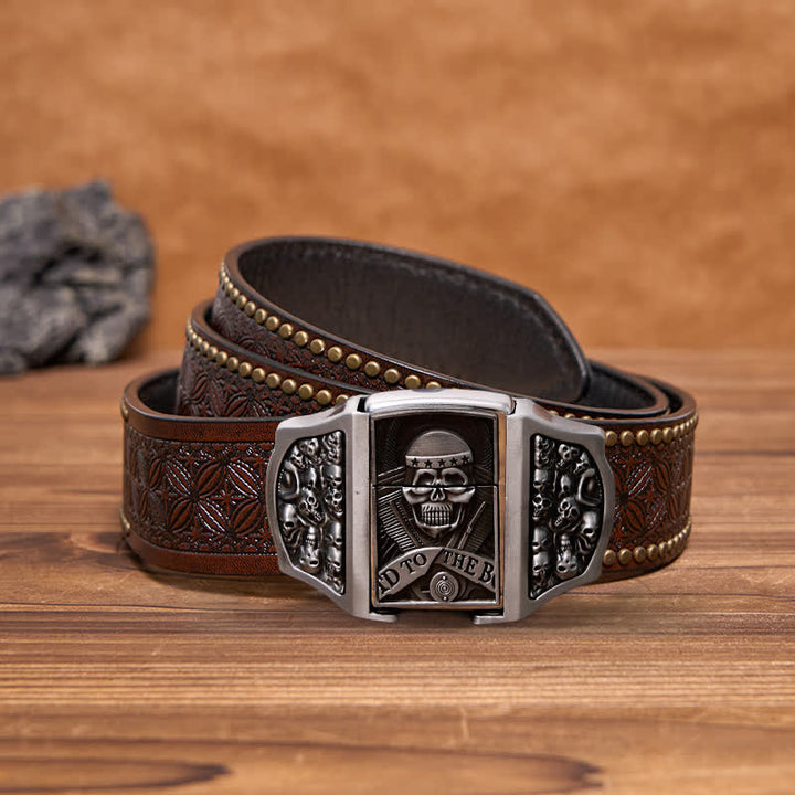 Cinturón de cuero con forma de calavera para hombre con encendedor oculto