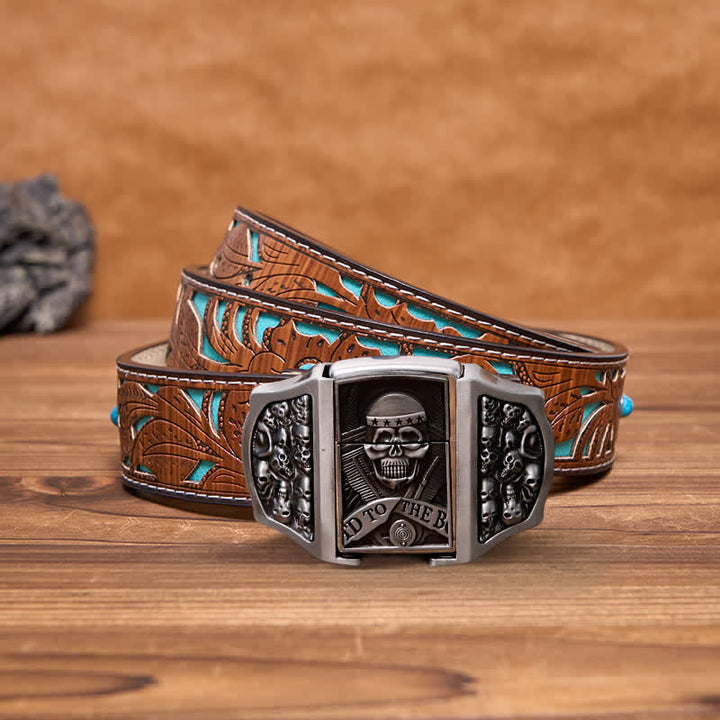 Cinturón de cuero con forma de calavera para hombre con encendedor oculto