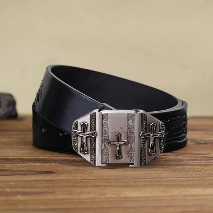 Cinturón de cuero con cruz de Jesús para hombre, hecho a mano, con encendedor oculto