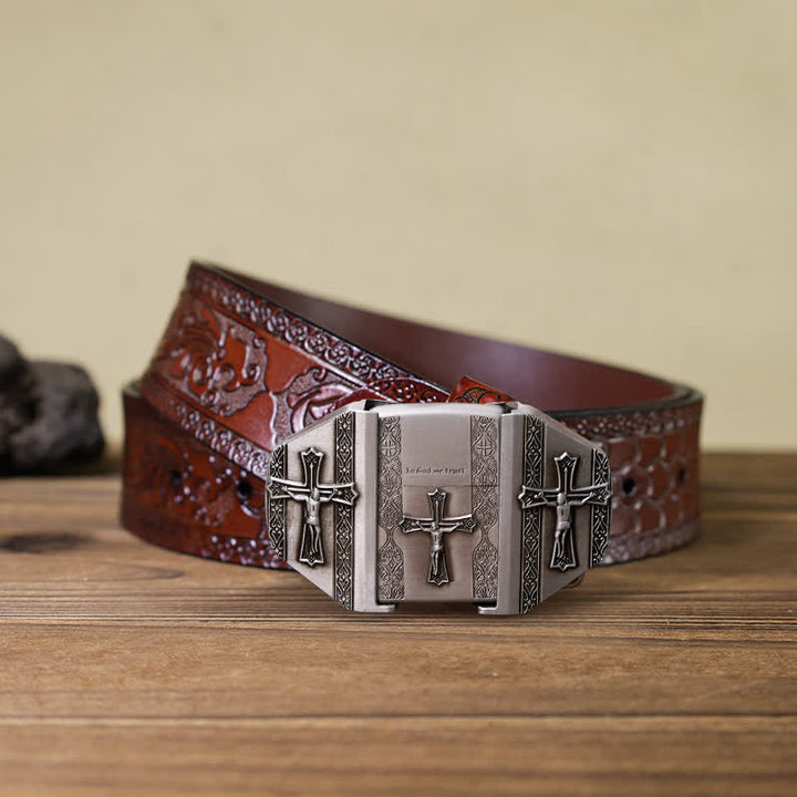 Cinturón de cuero con cruz de Jesús para hombre, hecho a mano, con encendedor oculto