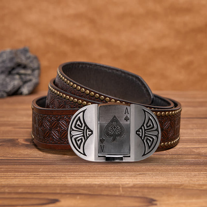 Cinturón de cuero para póquer Lucky ACE para hombre, hecho a mano, con encendedor oculto