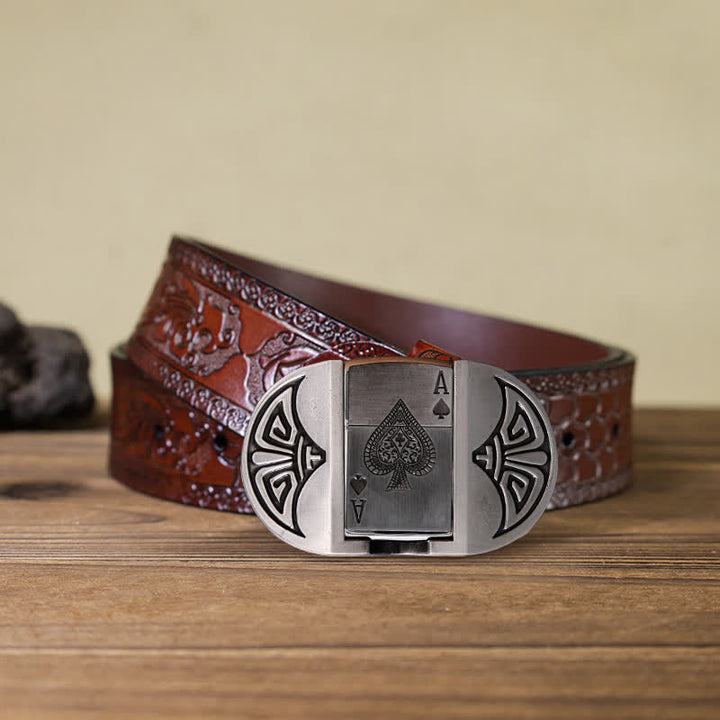Cinturón de cuero para póquer Lucky ACE para hombre, hecho a mano, con encendedor oculto