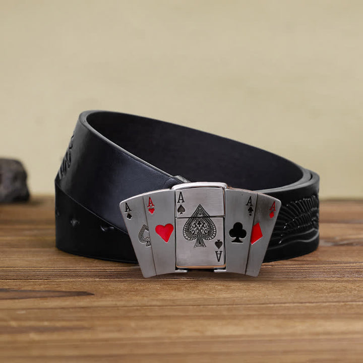 Cinturón de cuero con encendedor oculto para hombre, con los cuatro ases en la espalda, hecho a mano