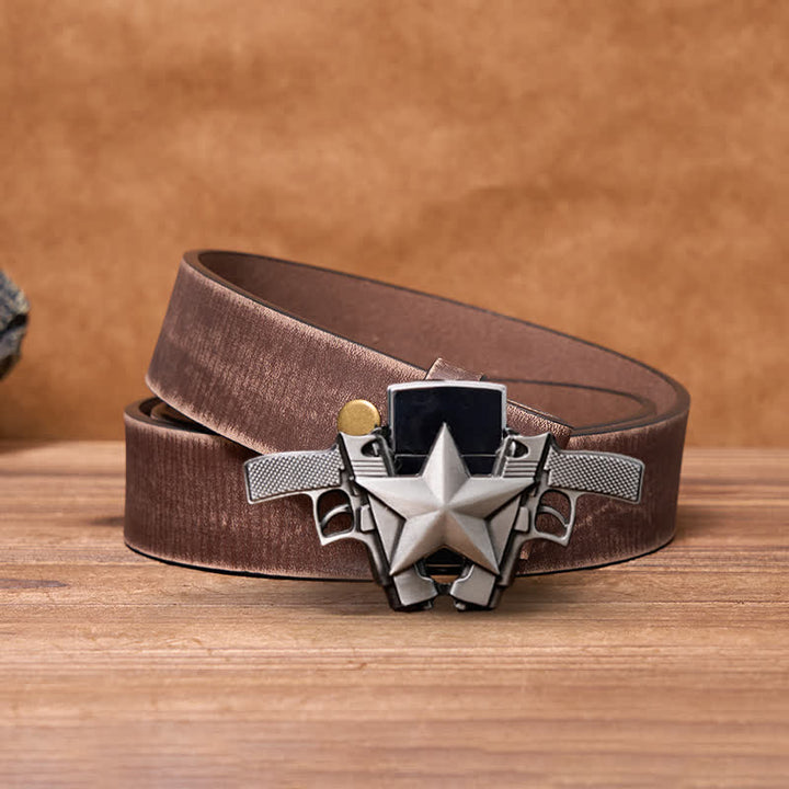 Cinturón de cuero con dos pistolas y estrellas para hombre, con encendedor oculto, hecho a mano