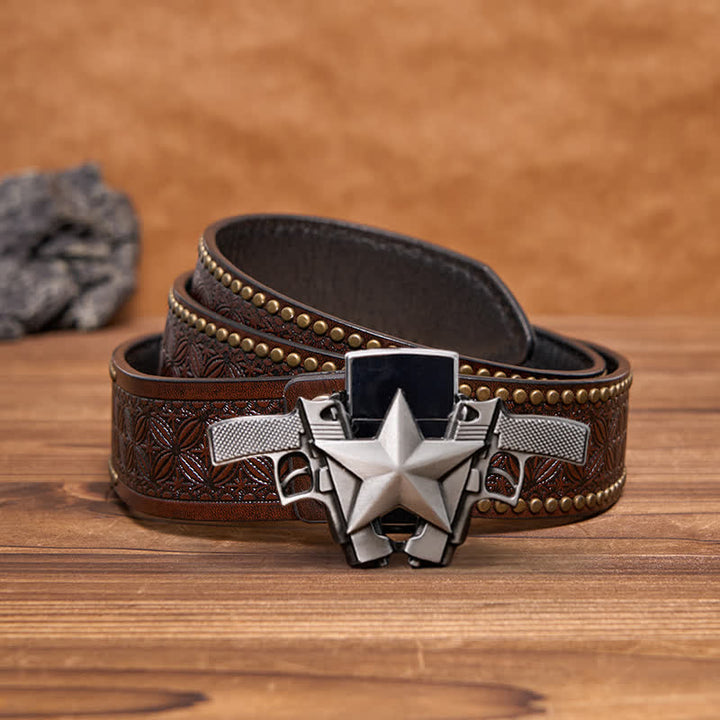 Cinturón de cuero con dos pistolas y estrellas para hombre, con encendedor oculto, hecho a mano