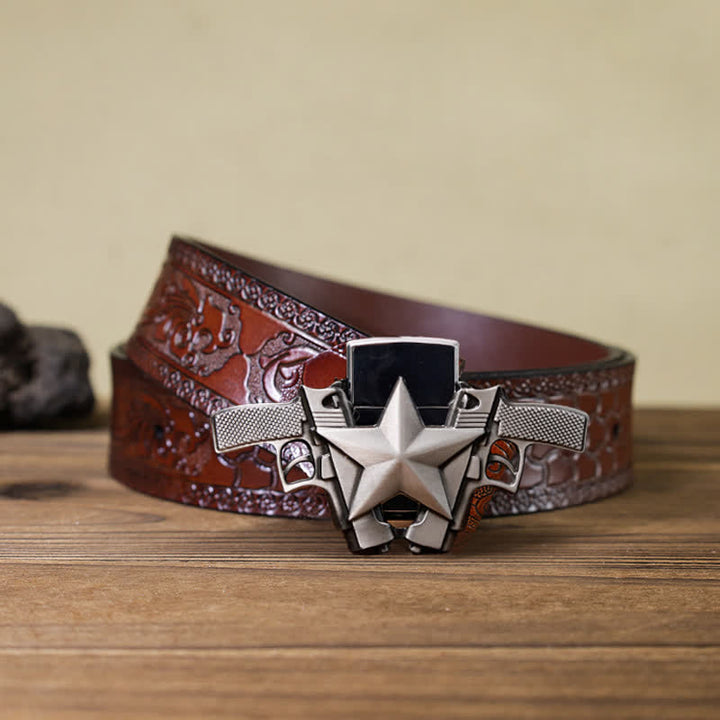 Cinturón de cuero con dos pistolas y estrellas para hombre, con encendedor oculto, hecho a mano