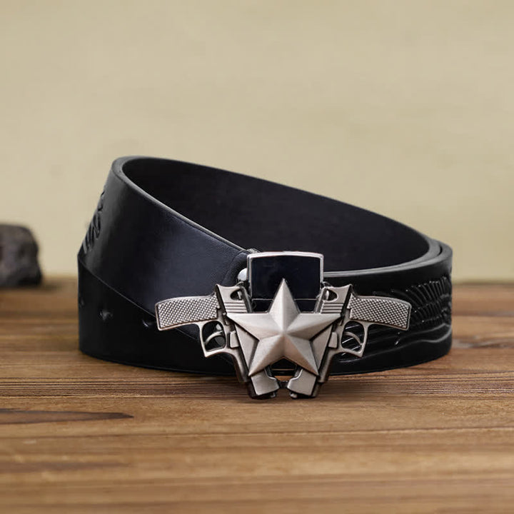 Cinturón de cuero con dos pistolas y estrellas para hombre, con encendedor oculto, hecho a mano