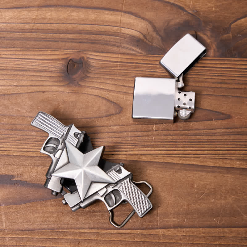 Cinturón de cuero con dos pistolas y estrellas para hombre, con encendedor oculto, hecho a mano