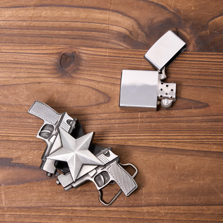 Cinturón de cuero con dos pistolas y estrellas para hombre, con encendedor oculto, hecho a mano