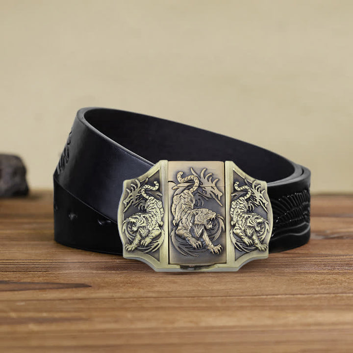 Cinturón de cuero con triple tigre de bronce para hombre con encendedor oculto