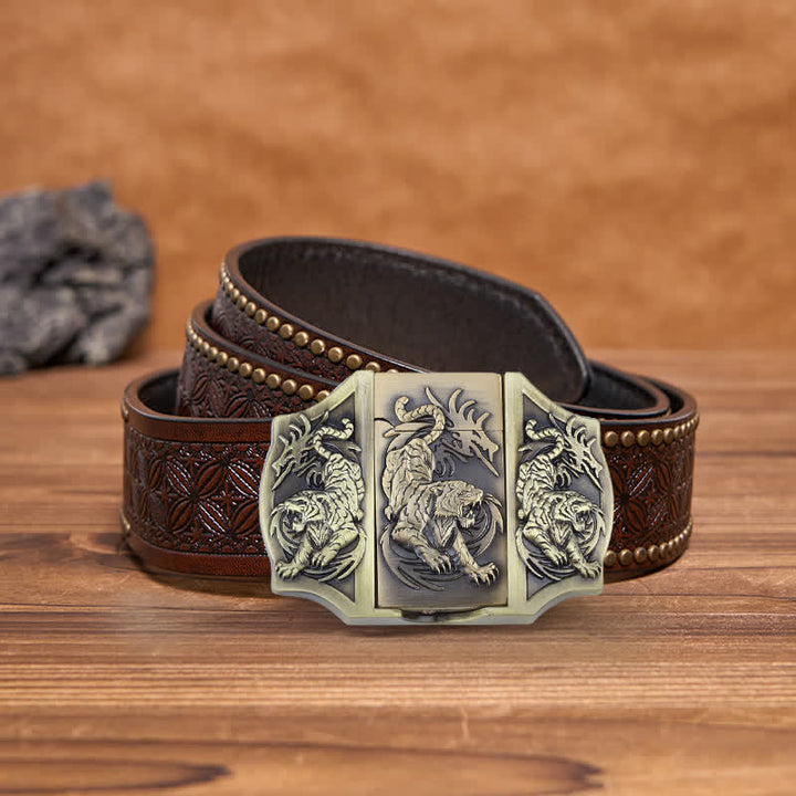 Cinturón de cuero con triple tigre de bronce para hombre con encendedor oculto