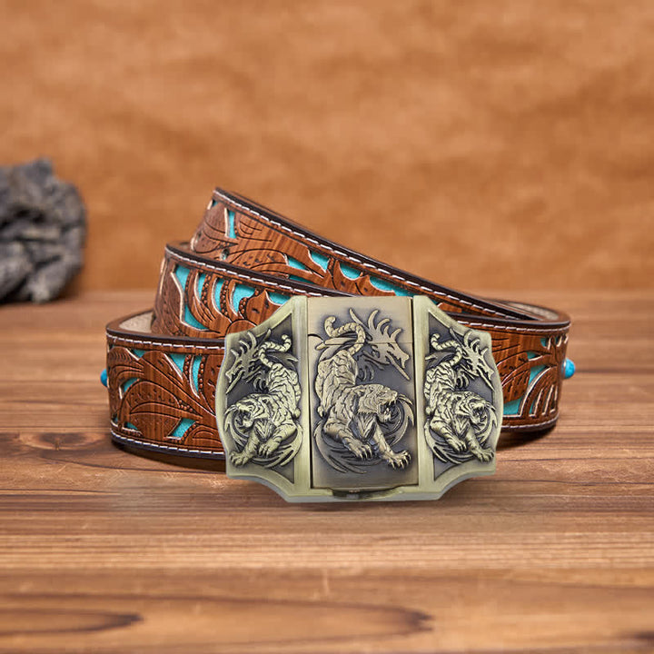 Cinturón de cuero con triple tigre de bronce para hombre con encendedor oculto