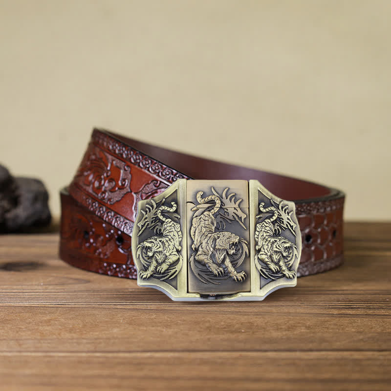 Cinturón de cuero con triple tigre de bronce para hombre con encendedor oculto