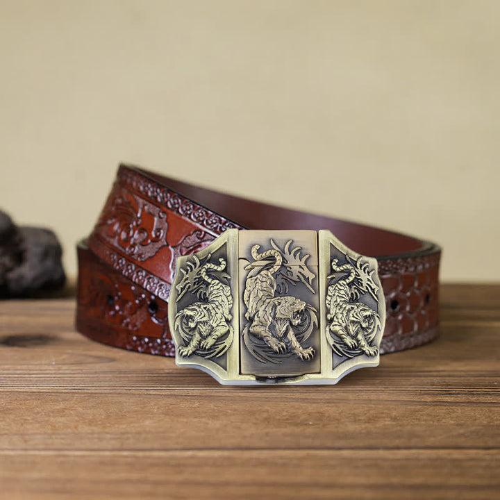 Cinturón de cuero con triple tigre de bronce para hombre con encendedor oculto