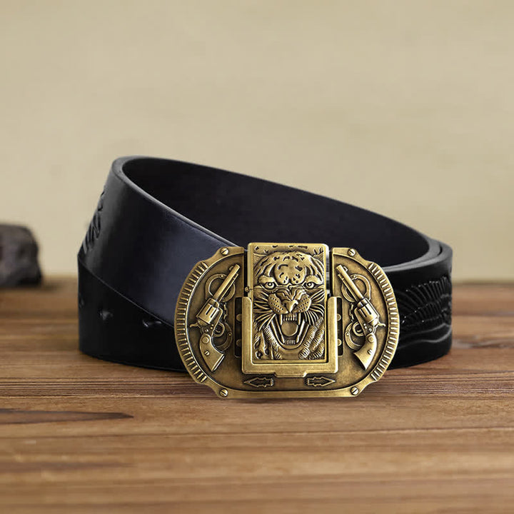 Cinturón de piel de tigre de bronce para hombre con encendedor oculto