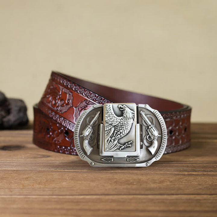 Cinturón de cuero con diseño de águila plateada y encendedor oculto para hombre