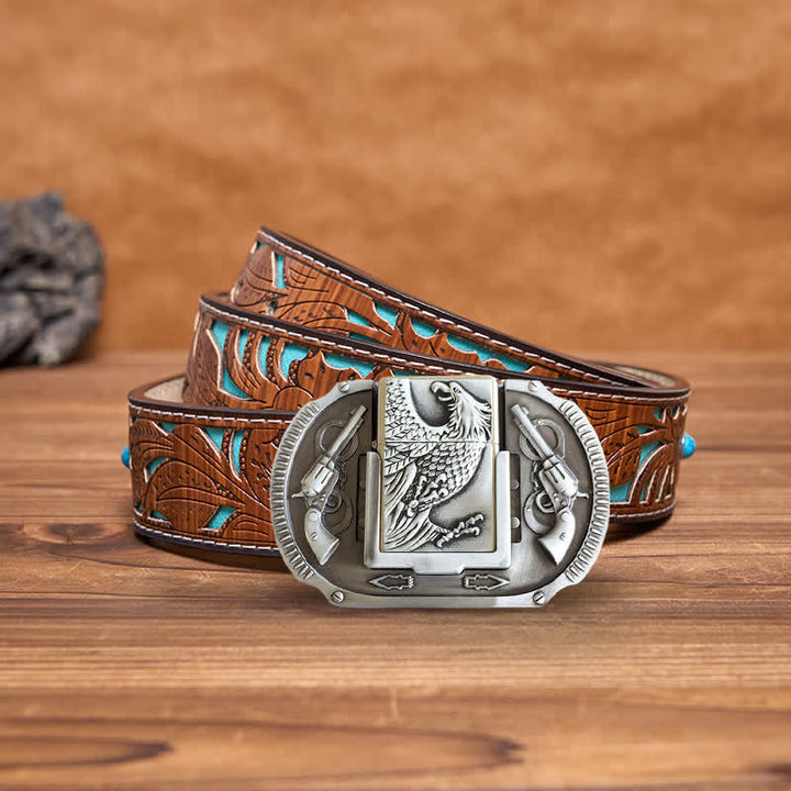 Cinturón de cuero con diseño de águila plateada y encendedor oculto para hombre