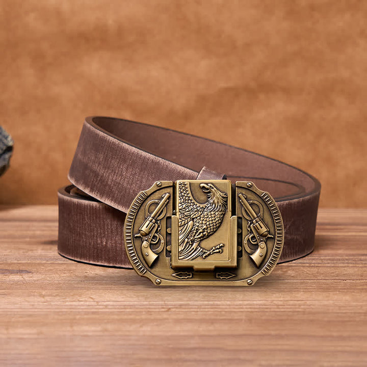 Cinturón de cuero con forma de águila de bronce para hombre, con encendedor oculto, hecho a mano