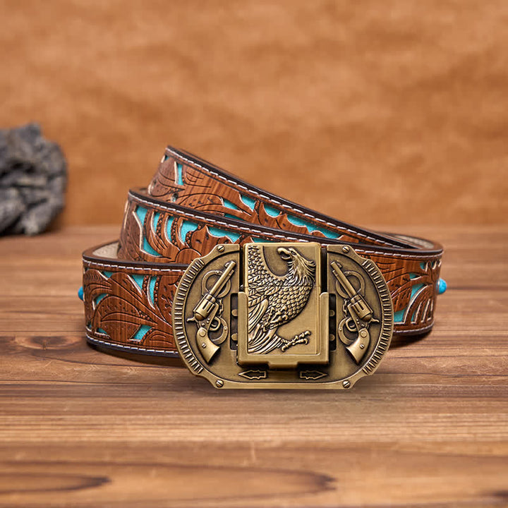 Cinturón de cuero con forma de águila de bronce para hombre, con encendedor oculto, hecho a mano