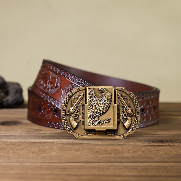 Cinturón de cuero con forma de águila de bronce para hombre, con encendedor oculto, hecho a mano