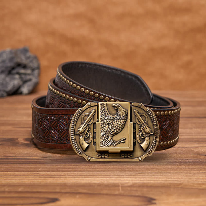 Cinturón de cuero con forma de águila de bronce para hombre, con encendedor oculto, hecho a mano
