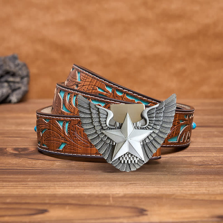 Cinturón de cuero con forma de estrella y alas de ángel para hombre con encendedor oculto