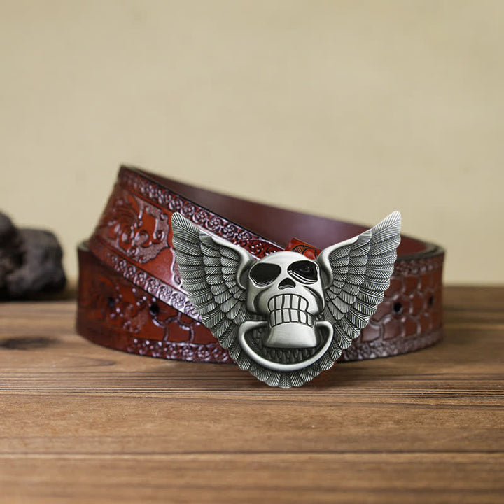 Cinturón de cuero con alas de ángel y calavera para hombre, con encendedor oculto, hecho a mano