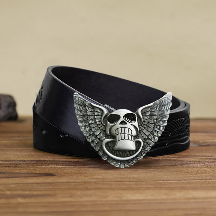 Cinturón de cuero con alas de ángel y calavera para hombre, con encendedor oculto, hecho a mano