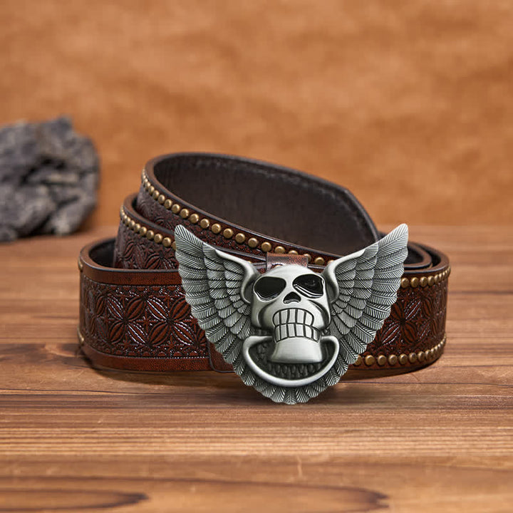 Cinturón de cuero con alas de ángel y calavera para hombre, con encendedor oculto, hecho a mano
