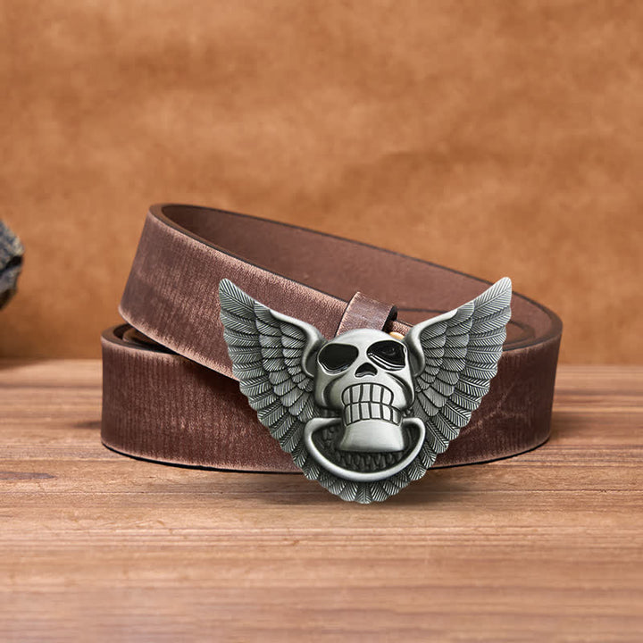 Cinturón de cuero con alas de ángel y calavera para hombre, con encendedor oculto, hecho a mano