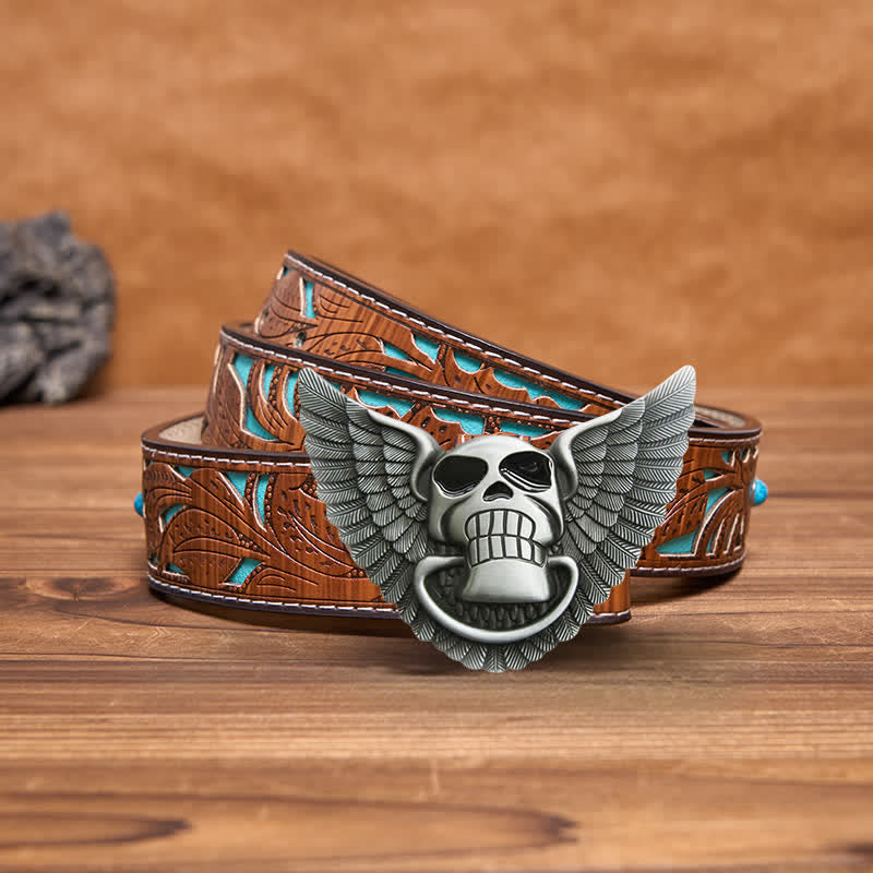 Cinturón de cuero con alas de ángel y calavera para hombre, con encendedor oculto, hecho a mano