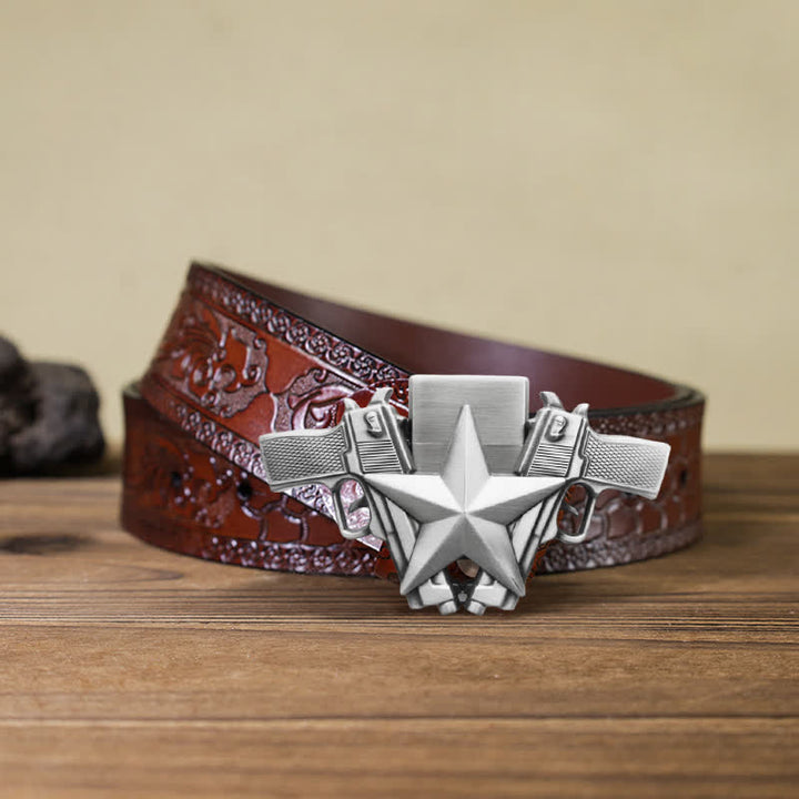 Cinturón de cuero con dos pistolas y estrella para hombre, con encendedor oculto, hecho a mano