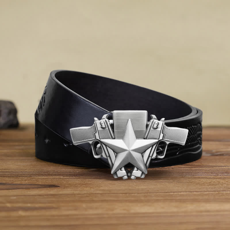Cinturón de cuero con dos pistolas y estrella para hombre, con encendedor oculto, hecho a mano