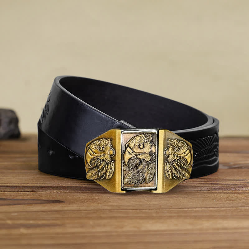 Cinturón de cuero con triple águila de bronce para hombre con encendedor oculto