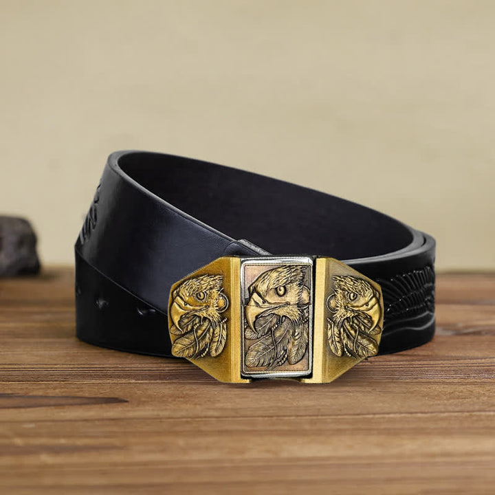 Cinturón de cuero con triple águila de bronce para hombre con encendedor oculto