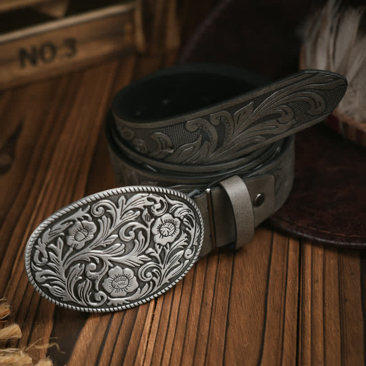 Cinturón de cuero estilo vaquero con hebilla de flor tallada estilo occidental