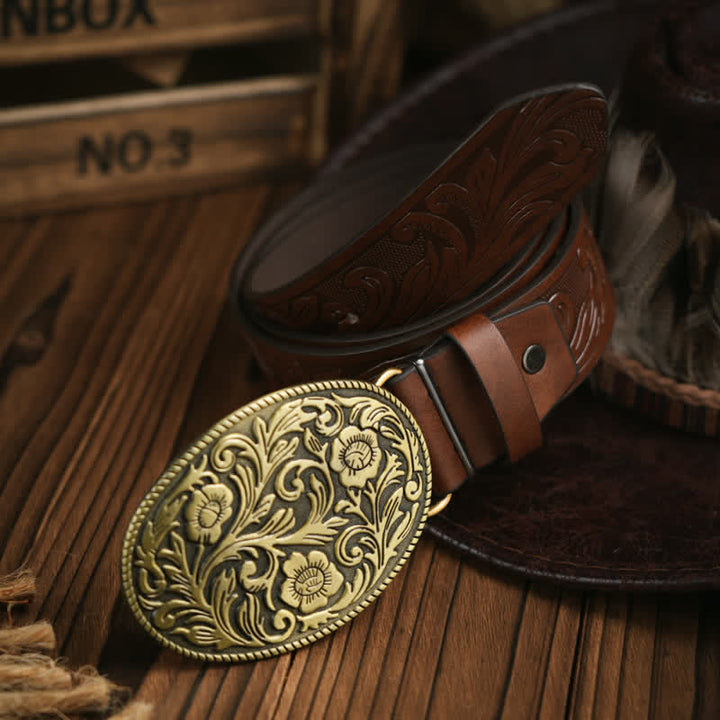 Cinturón de cuero estilo vaquero con hebilla de flor tallada estilo occidental