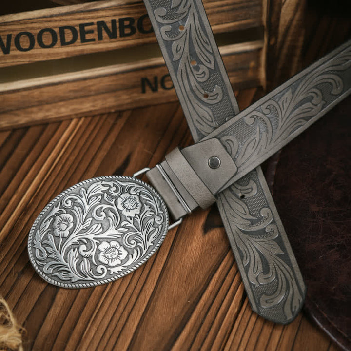 Cinturón de cuero estilo vaquero con hebilla de flor tallada estilo occidental