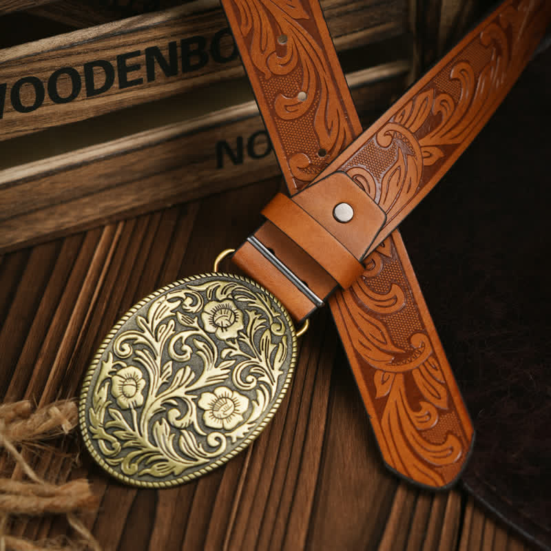 Cinturón de cuero estilo vaquero con hebilla de flor tallada estilo occidental