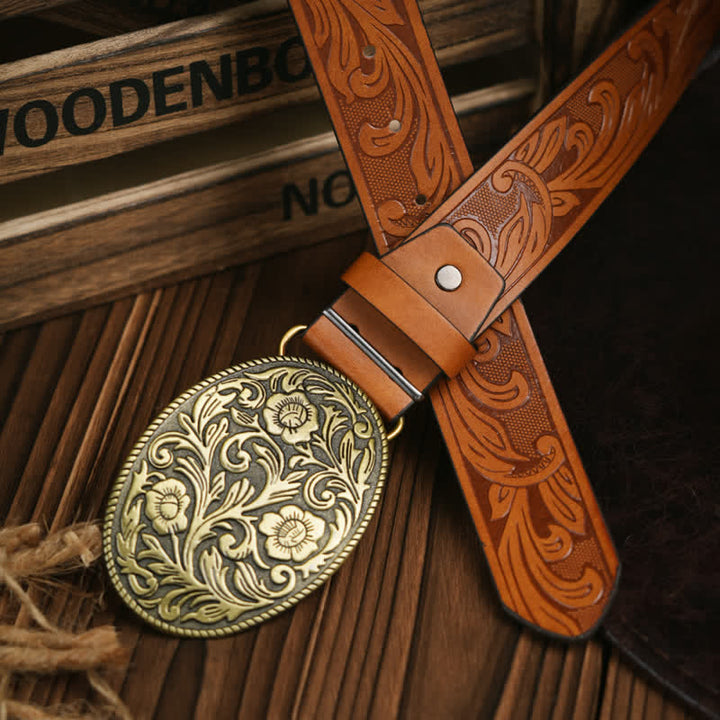 Cinturón de cuero estilo vaquero con hebilla de flor tallada estilo occidental