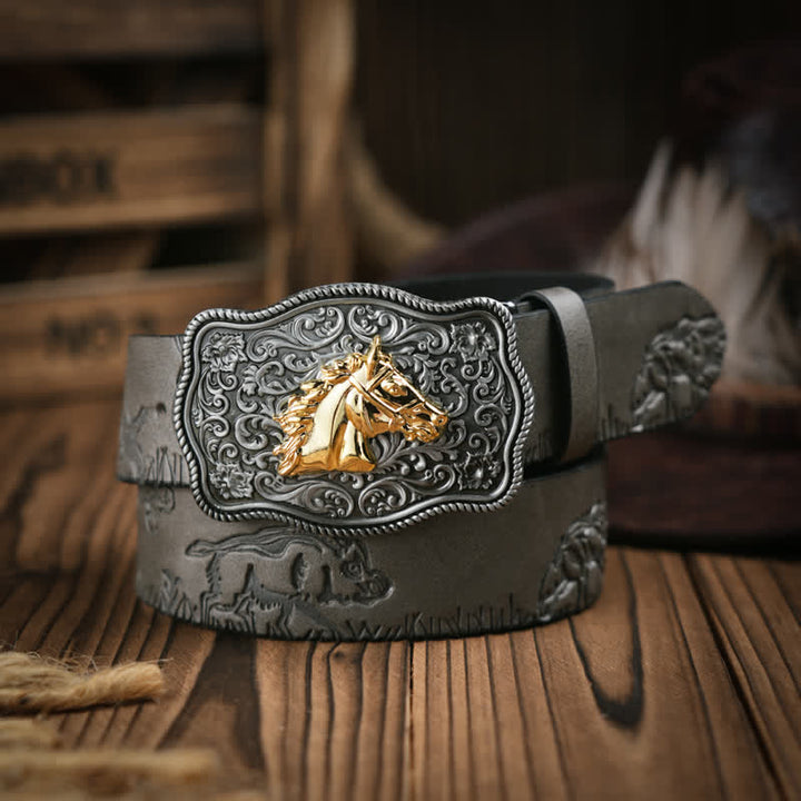 Cinturón de cuero con estampado de cabeza de caballo dorado en relieve estilo vaquero