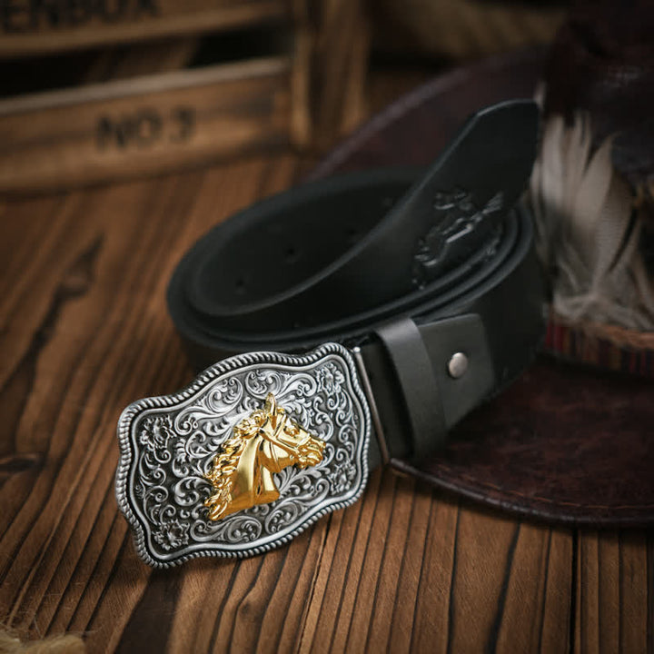 Cinturón de cuero con estampado de cabeza de caballo dorado en relieve estilo vaquero