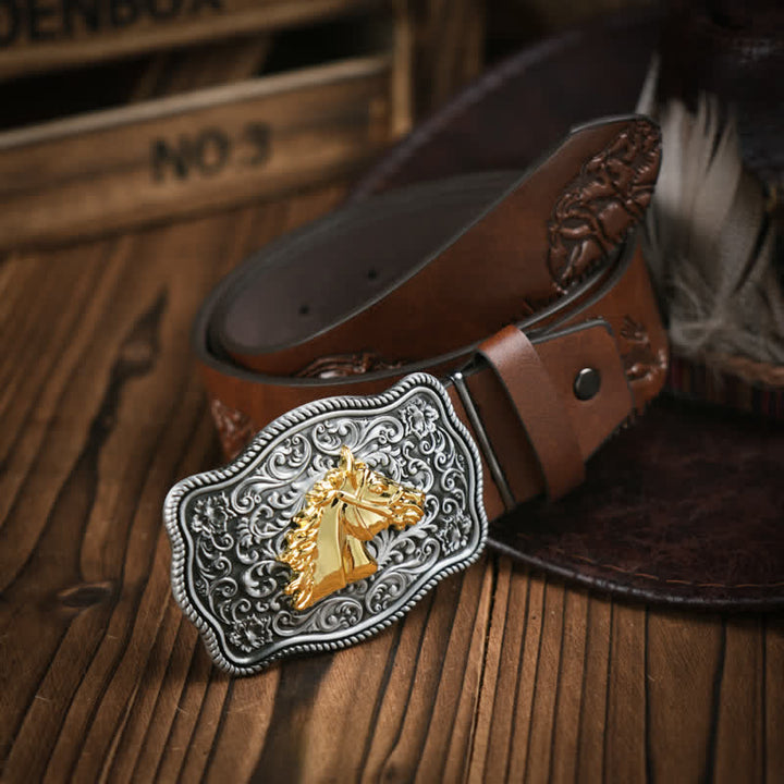 Cinturón de cuero con estampado de cabeza de caballo dorado en relieve estilo vaquero
