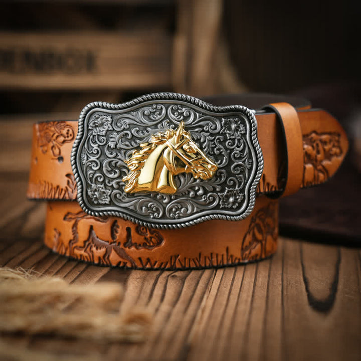 Cinturón de cuero con estampado de cabeza de caballo dorado en relieve estilo vaquero