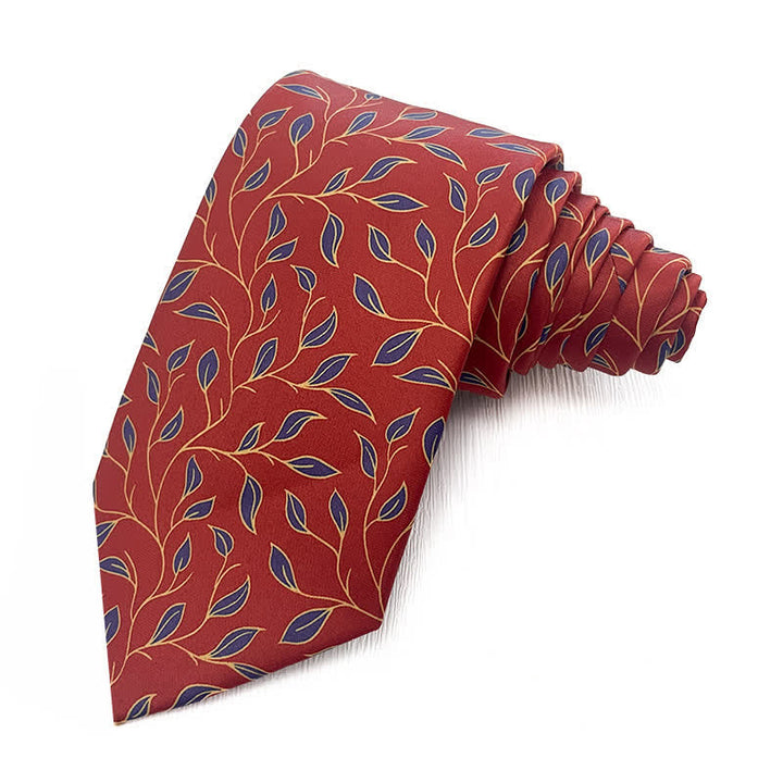 Corbata para hombre con estampado floral de hojas en rojo oscuro y azul marino