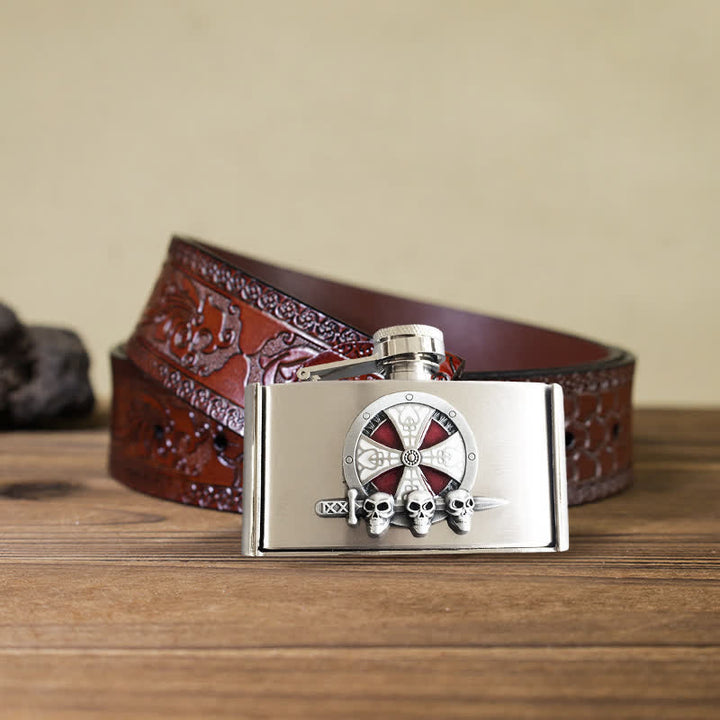 Cinturón de cuero celta con forma de cruz de 3 oz para hombre, hecho a mano, con frasco oculto